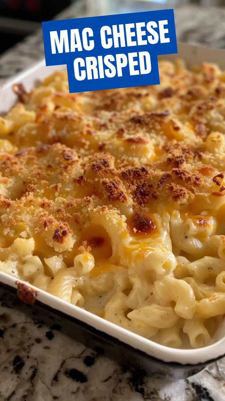 A bubbling dish of baked mac and cheese with a golden crust.