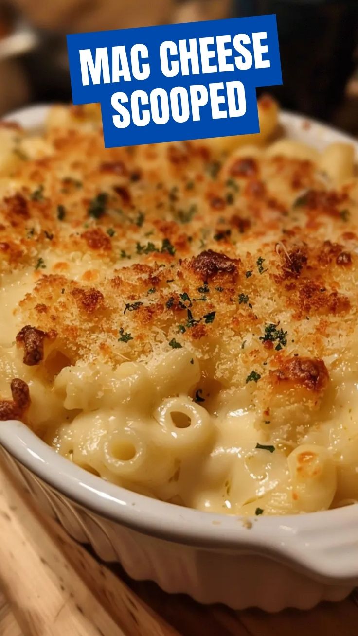 A close-up of a bubbling, golden-brown baked mac and cheese casserole, fresh from the oven.