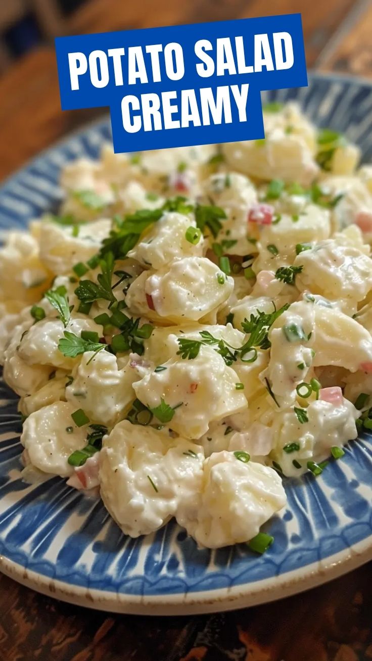 A bowl of classic potato salad with chopped celery and herbs