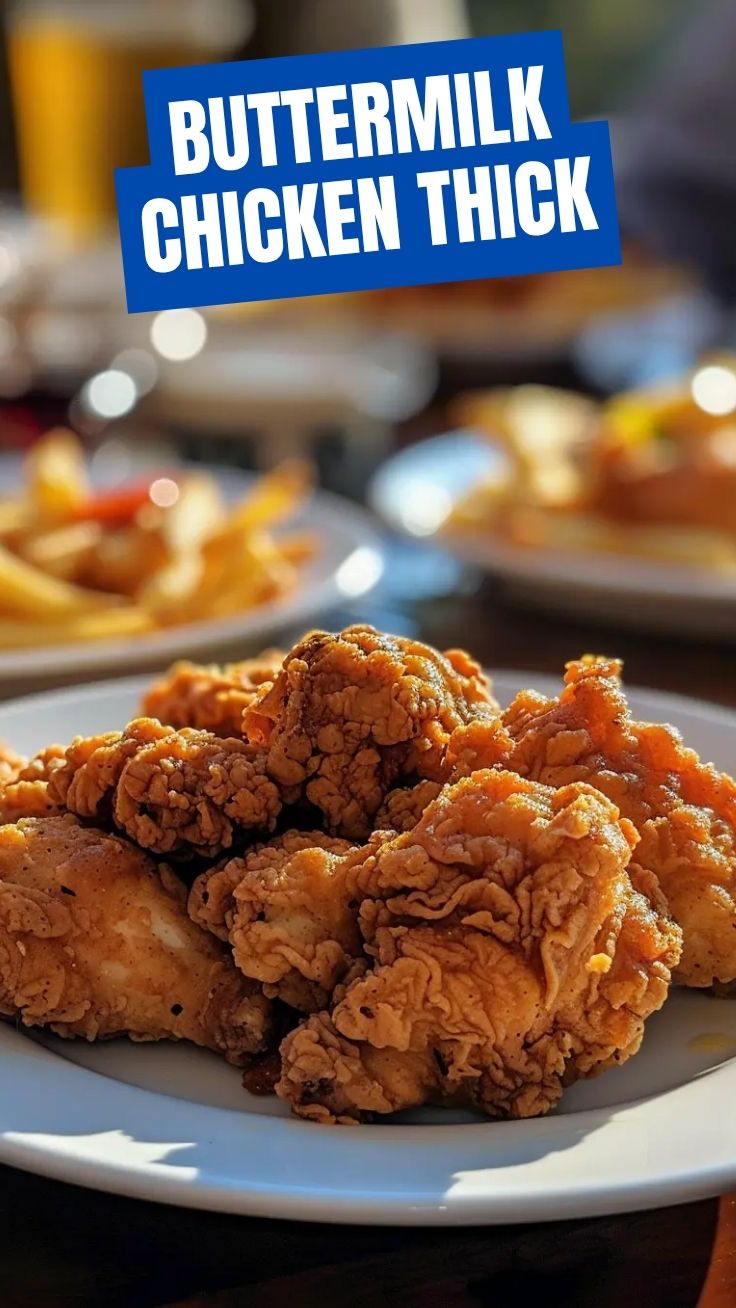 A plate of golden-brown buttermilk fried chicken pieces, perfectly crispy.