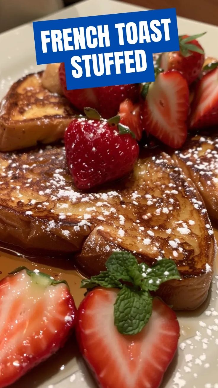 A stack of golden french toast drizzled with syrup and topped with berries.