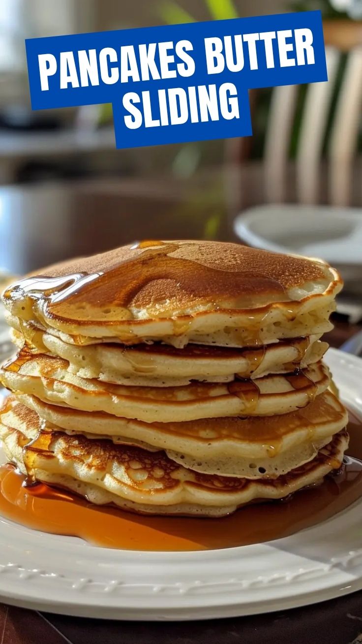 A stack of fluffy pancakes drizzled with syrup and berries on a white plate.