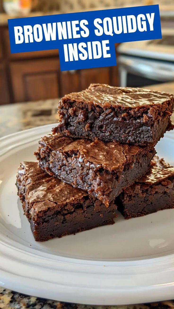 A close-up of rich, dark fudgy brownies with a crinkly top