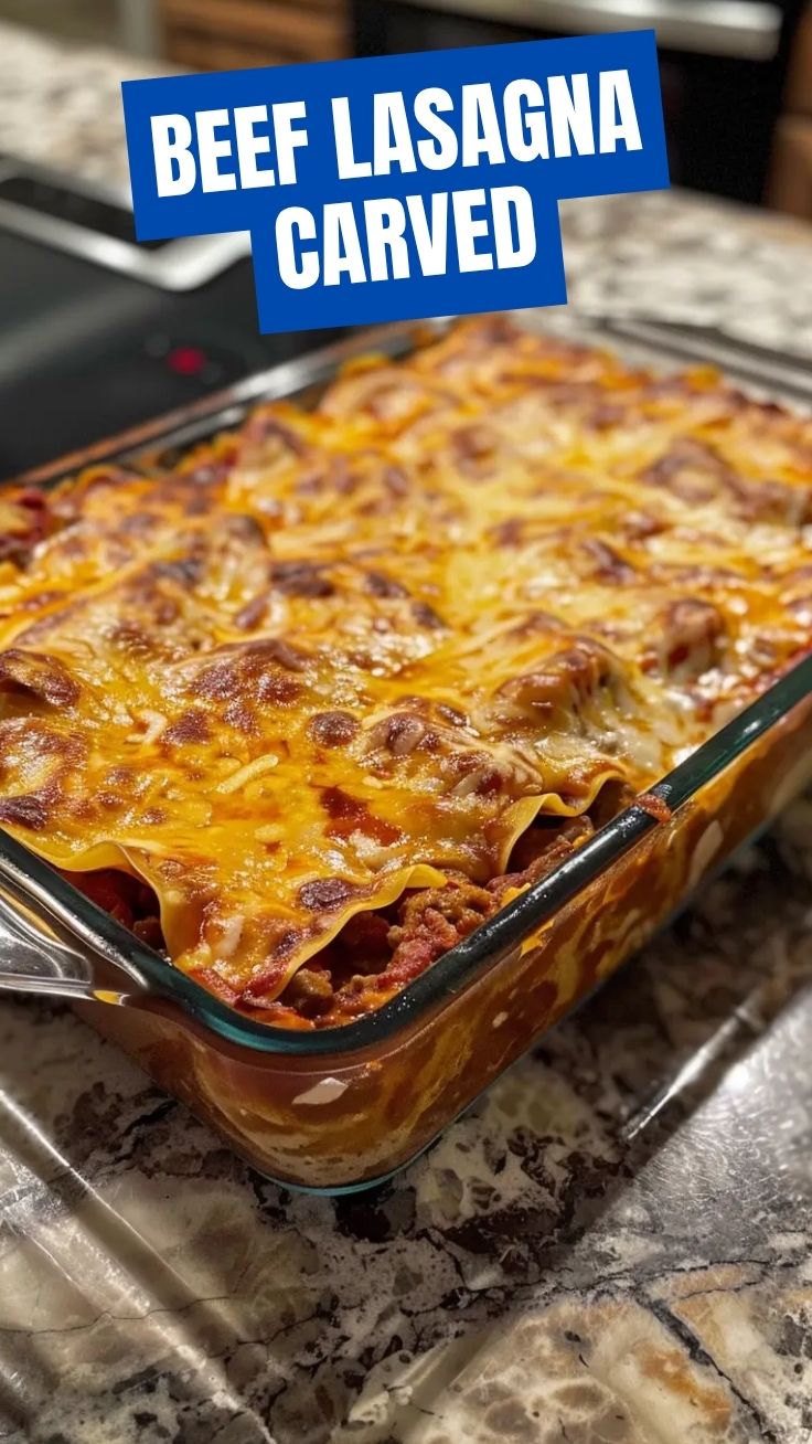 A bubbling dish of savory beef lasagna with a golden cheesy top.