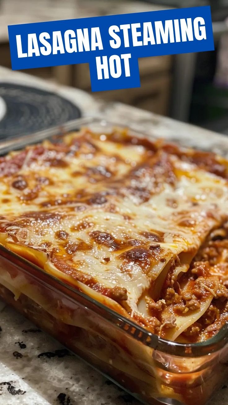 A freshly baked lasagna with bubbling cheese and rich tomato sauce