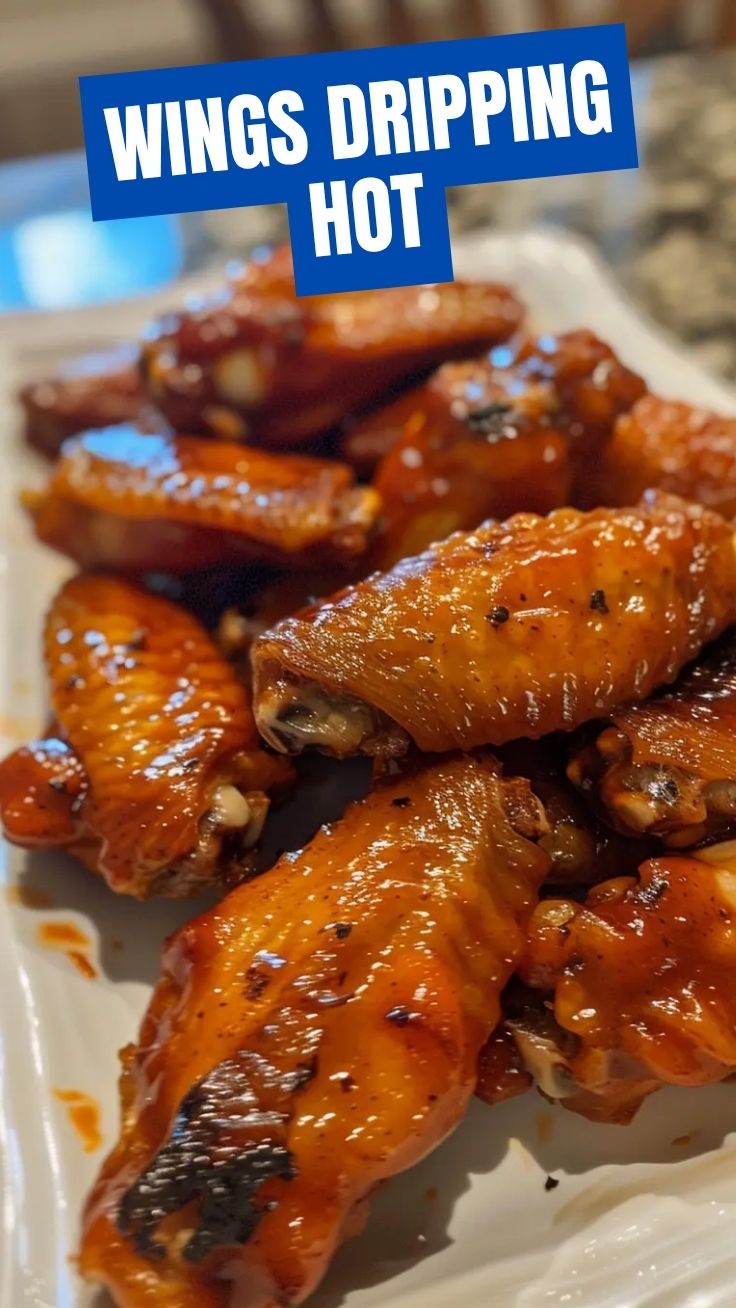 A close-up shot of several buffalo wings coated in a vibrant red sauce, ready to be served.