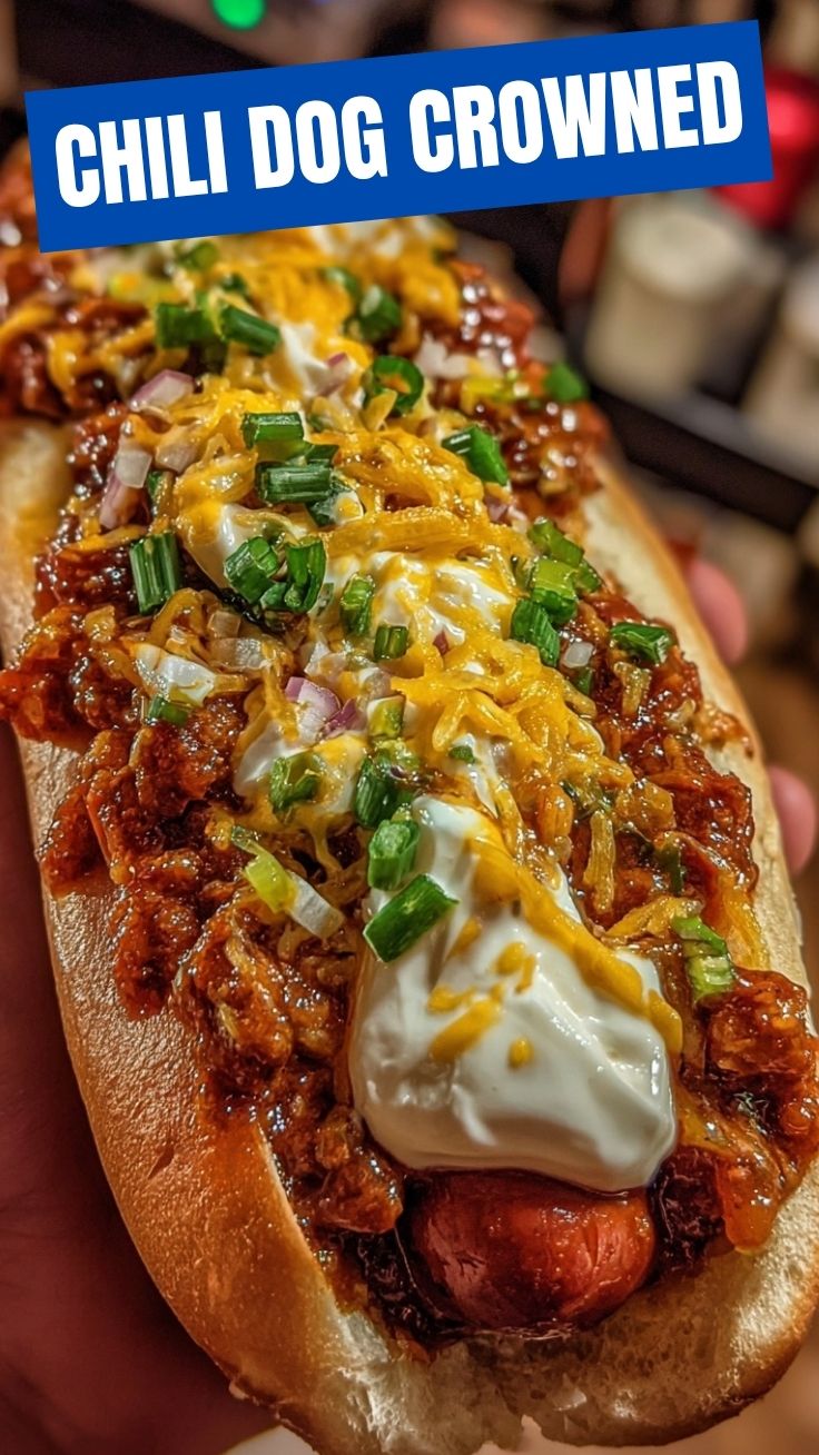 A classic chili dog loaded with toppings and rich sauce