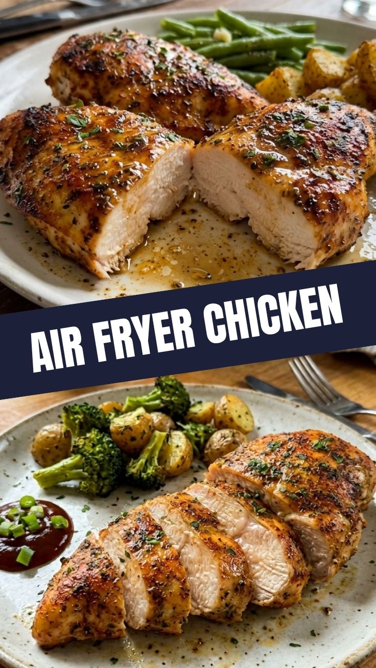 A perfectly cooked air fryer chicken breast with a golden-brown crust