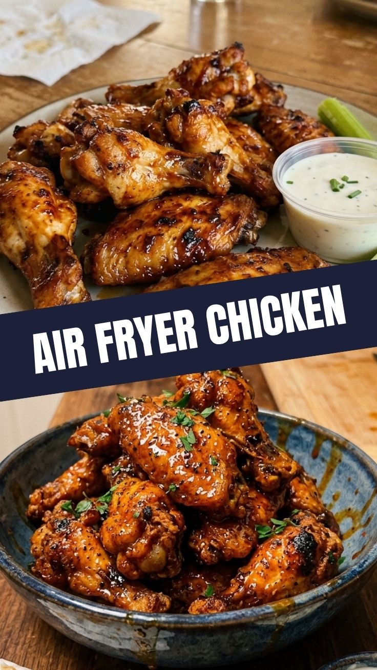 Crispy air fryer chicken wings arranged on a platter, ready to serve.