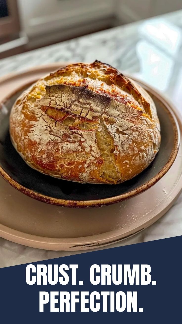 A close-up of a freshly baked sourdough bread with a crispy crust.