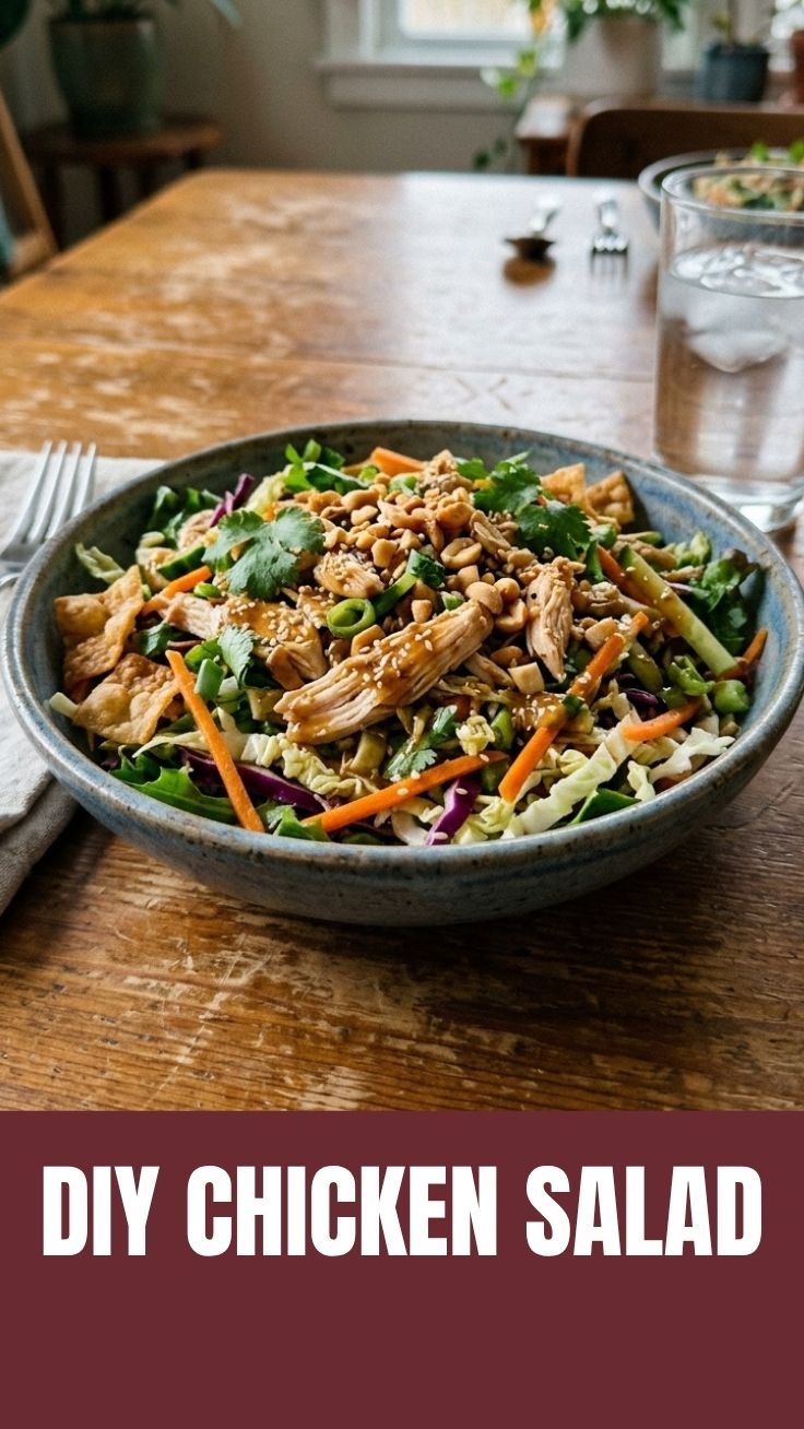 A vibrant Asian chicken salad with colorful vegetables and shredded chicken in a bowl.