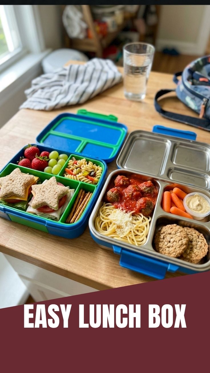 Various back to school lunch box ideas featuring healthy snacks and main dishes.
