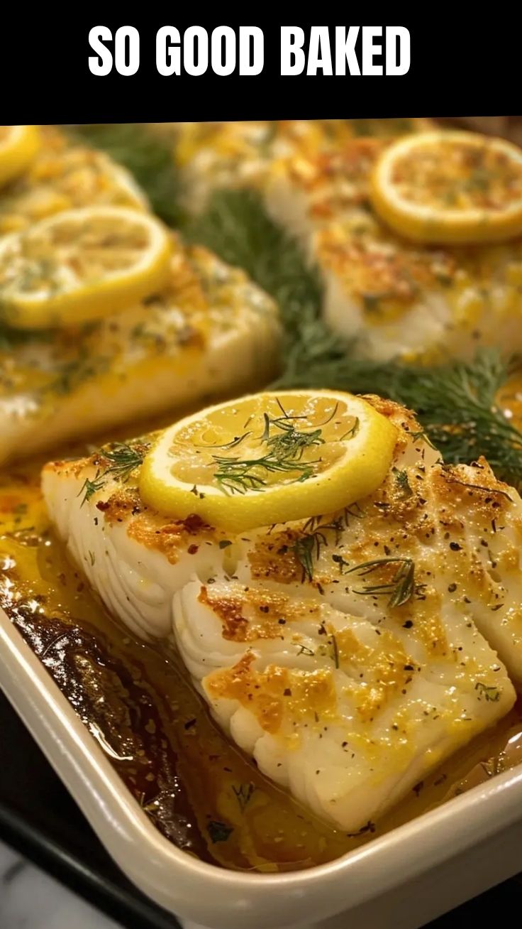 Freshly baked cod with lemon butter sauce drizzled over it.