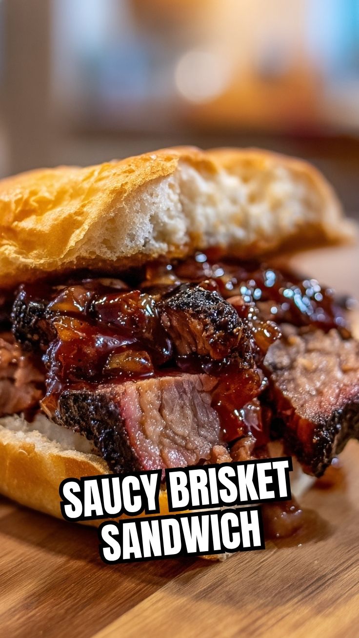 A delicious BBQ brisket sandwich with tender meat and savory sauce