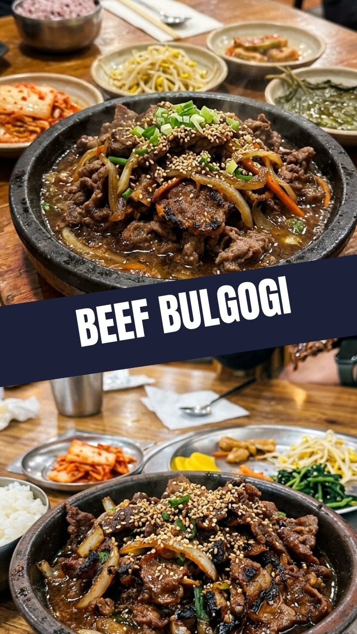 A serving of delicious beef bulgogi with grilled vegetables.