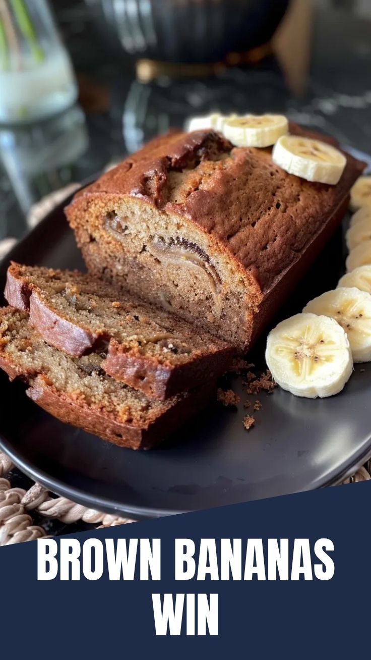 A freshly baked loaf of banana bread on a cutting board.