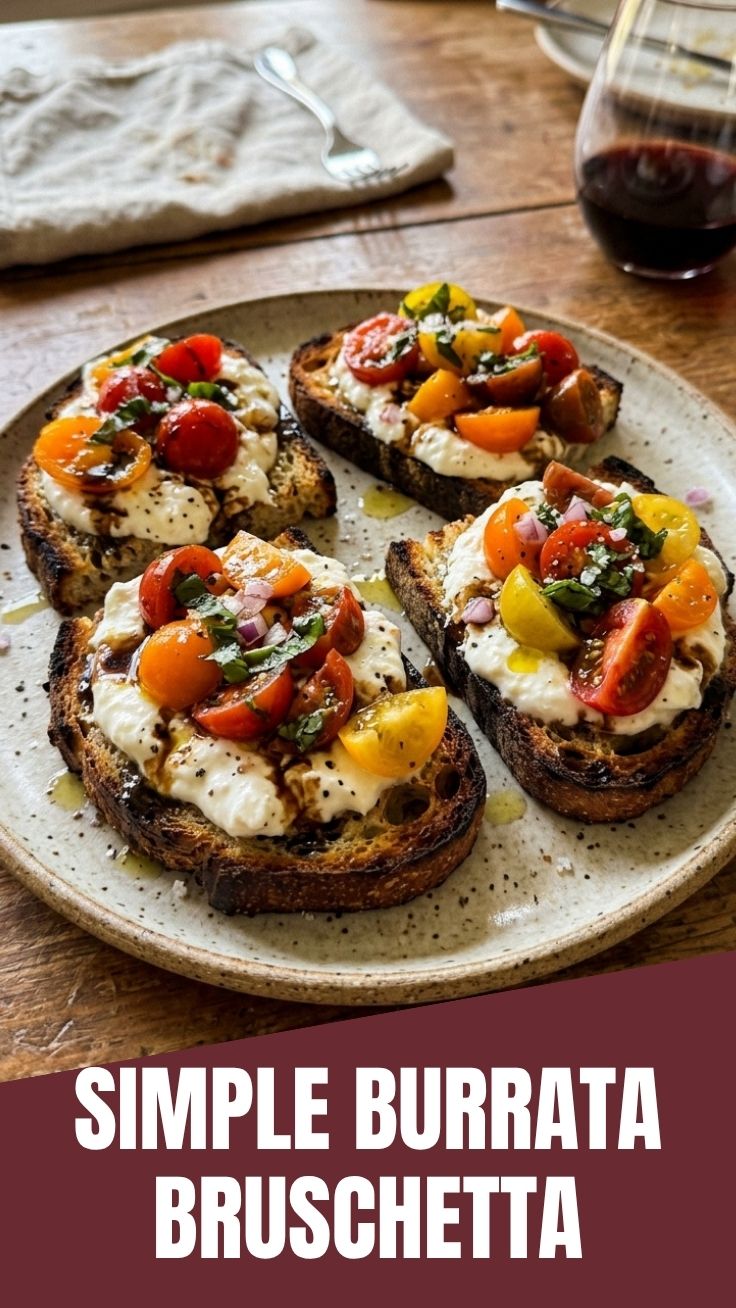Fresh burrata bruschetta topped with ripe tomatoes and basil