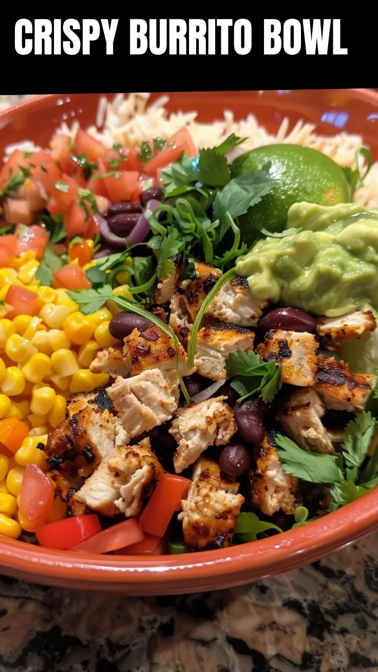 A vibrant Burrito Bowl, Chipotle Style, with rice, beans, corn, and salsa.