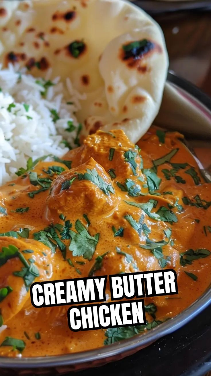A serving of rich, creamy butter chicken in a bowl, garnished with fresh cilantro.