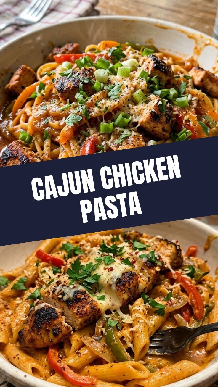 A close-up shot of a creamy Cajun Chicken Pasta dish, garnished with fresh herbs.