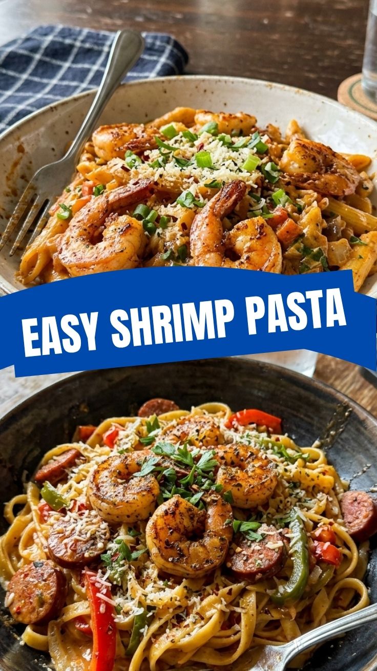 A close-up of a serving of Cajun shrimp pasta with creamy sauce and herbs.