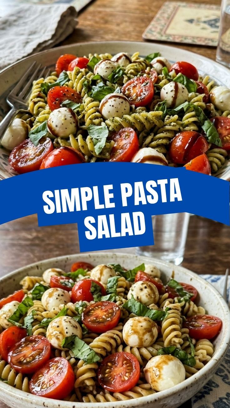 A bowl of fresh Caprese pasta salad with cherry tomatoes, mozzarella, and basil