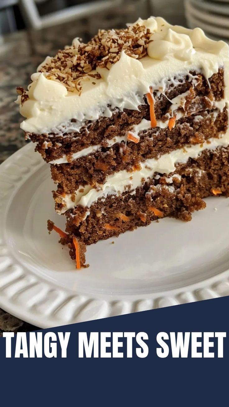 A delicious slice of carrot cake topped with generous cream cheese frosting.