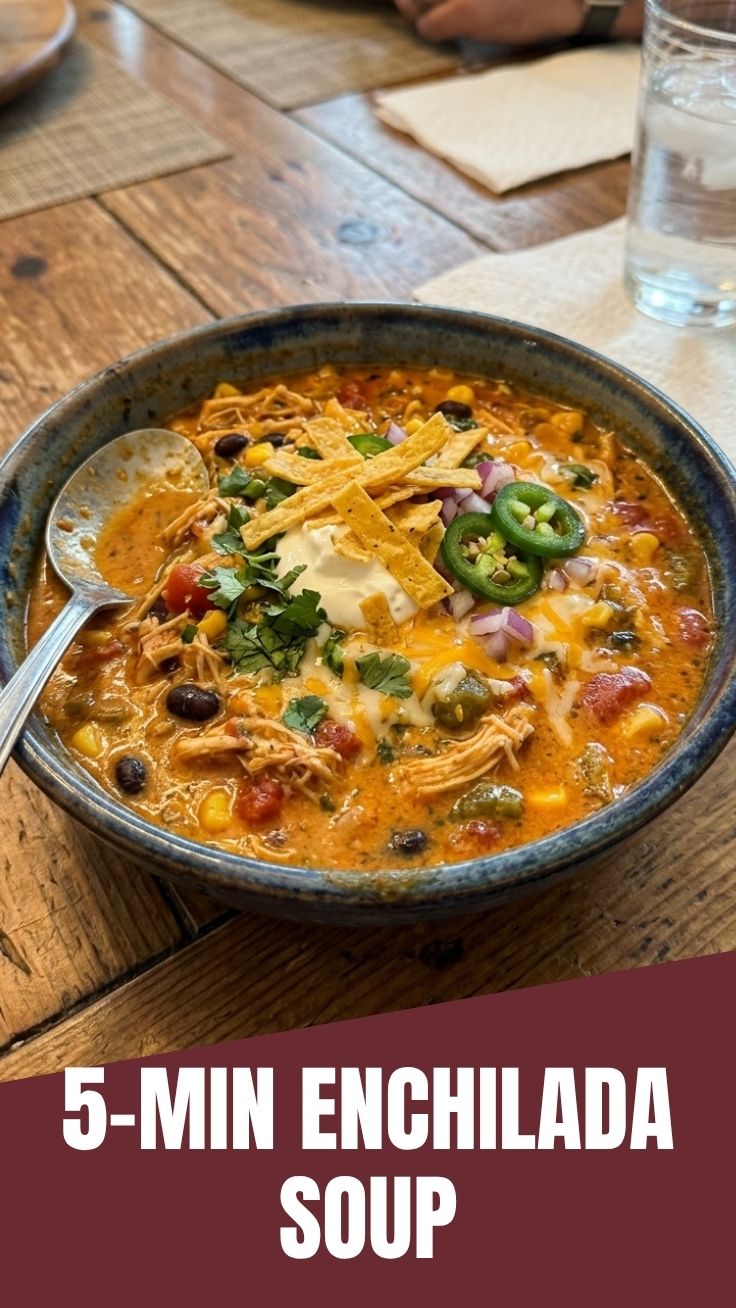 A bowl of savory chicken enchilada soup topped with cheese and cilantro