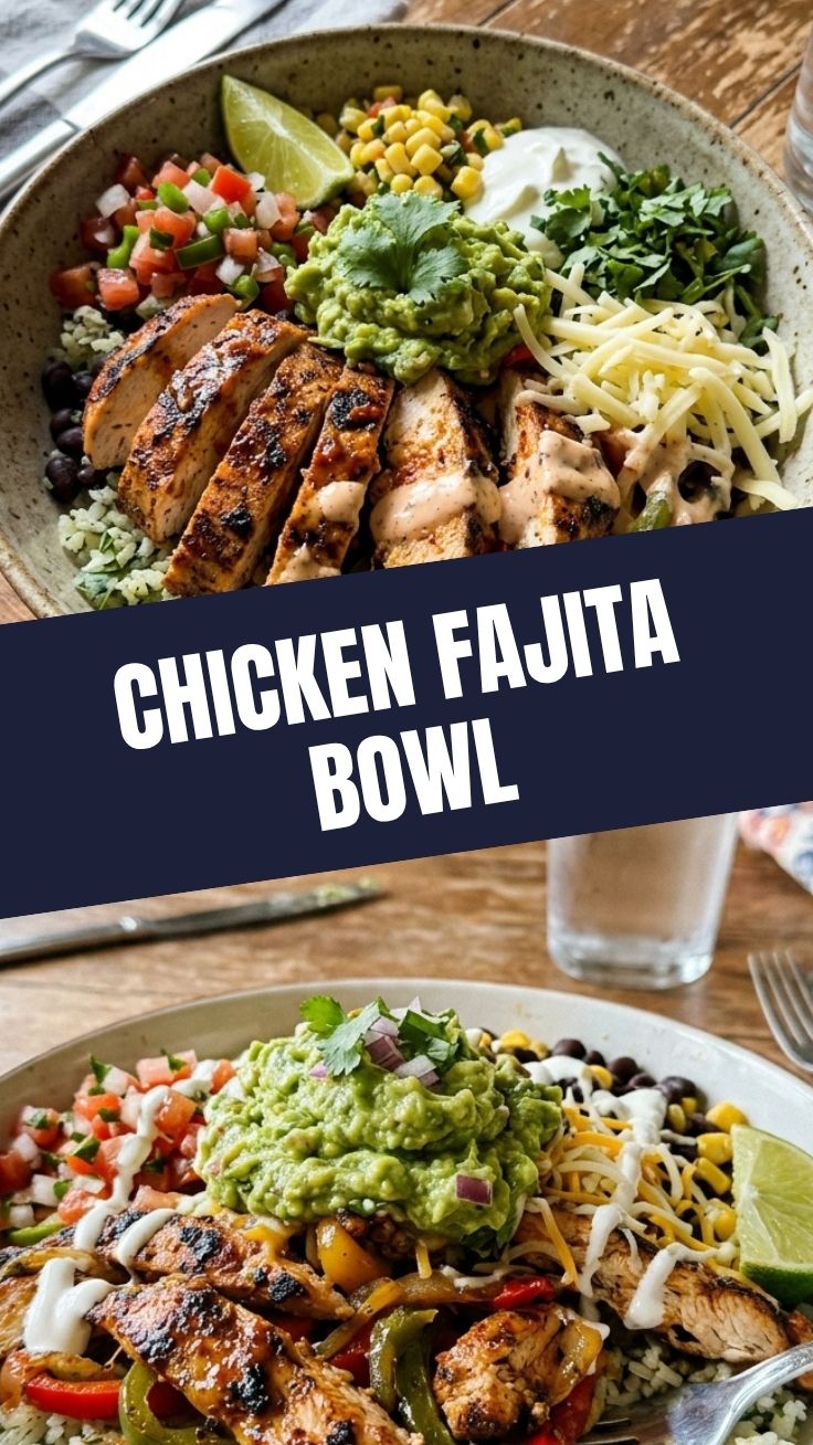 A vibrant chicken fajita bowl filled with grilled chicken, peppers, and onions