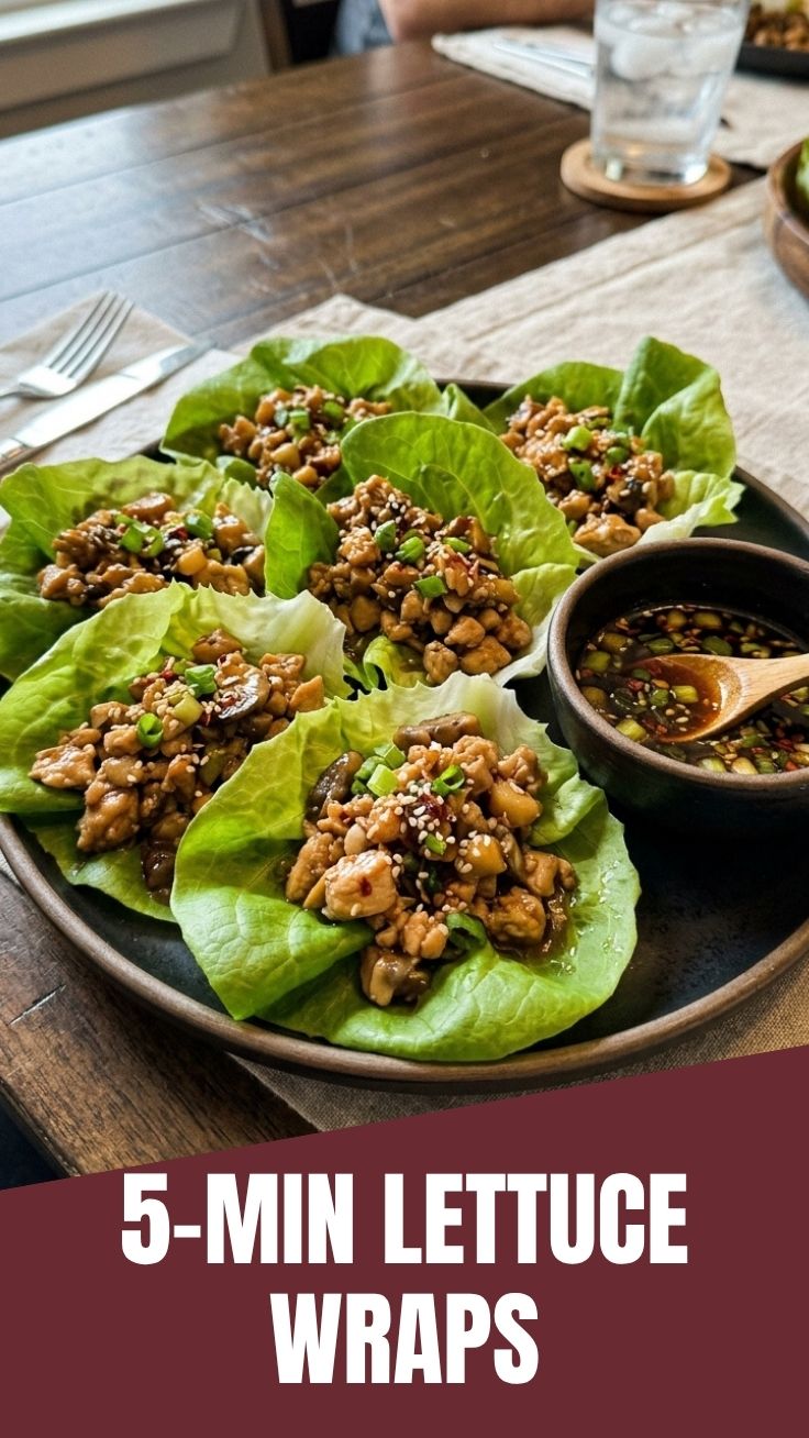 A plate of PF Changs style chicken lettuce wraps with sauce