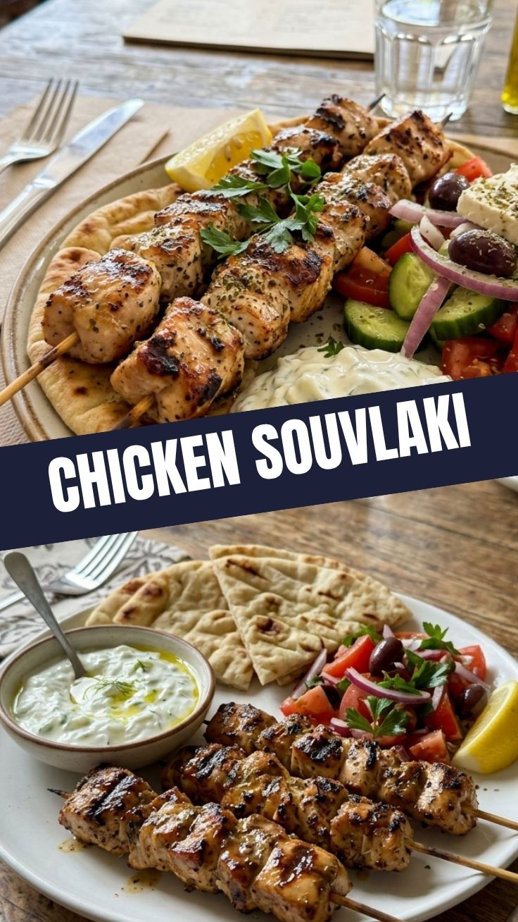 Delicious chicken souvlaki skewers, perfectly grilled.