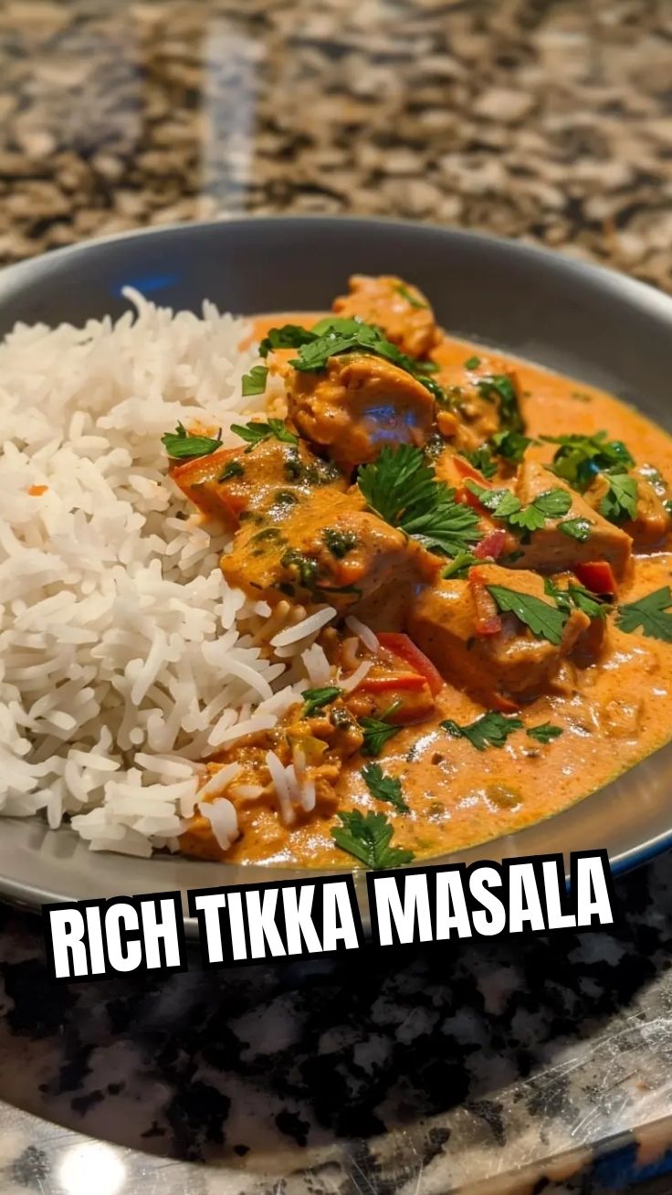 A vibrant bowl of chicken tikka masala, garnished with fresh cilantro