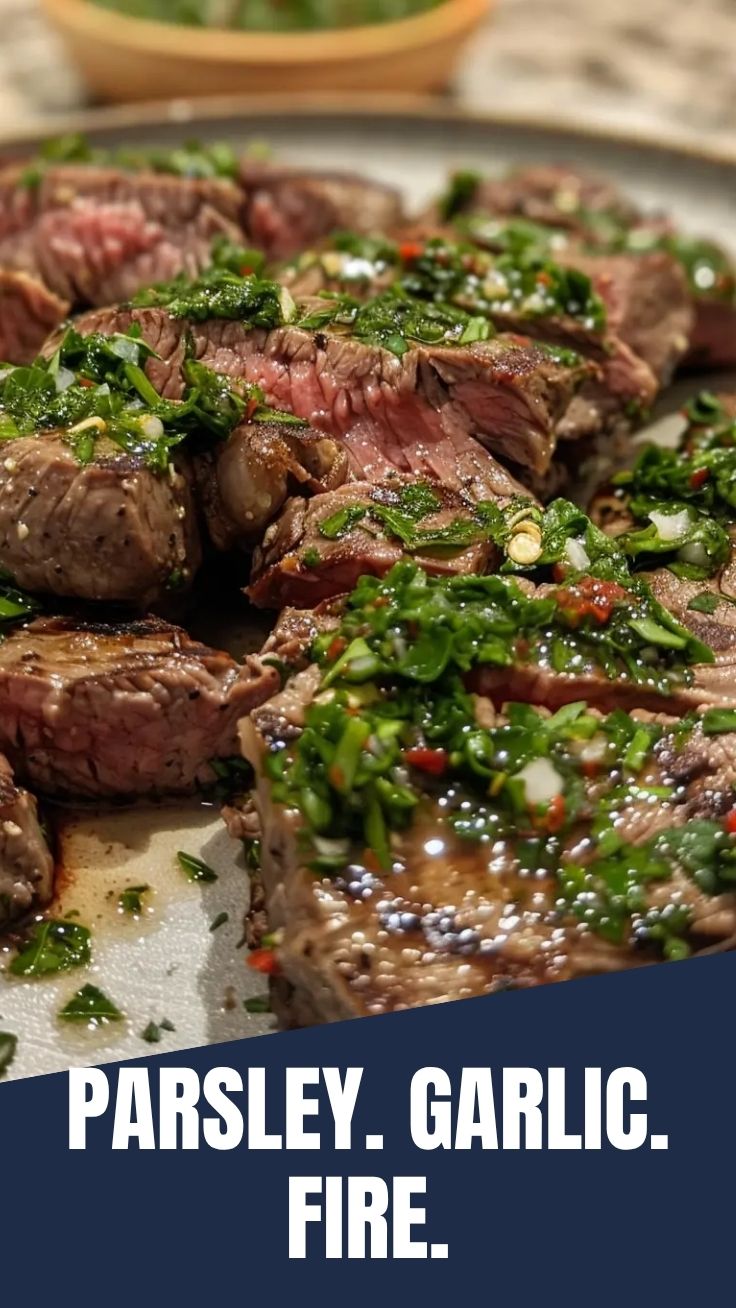 A perfectly grilled steak generously topped with vibrant chimichurri sauce.