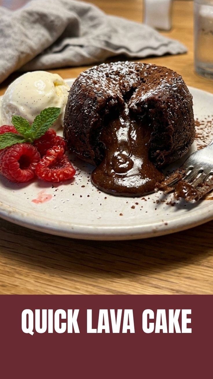 A rich chocolate lava cake with a molten center on a white plate