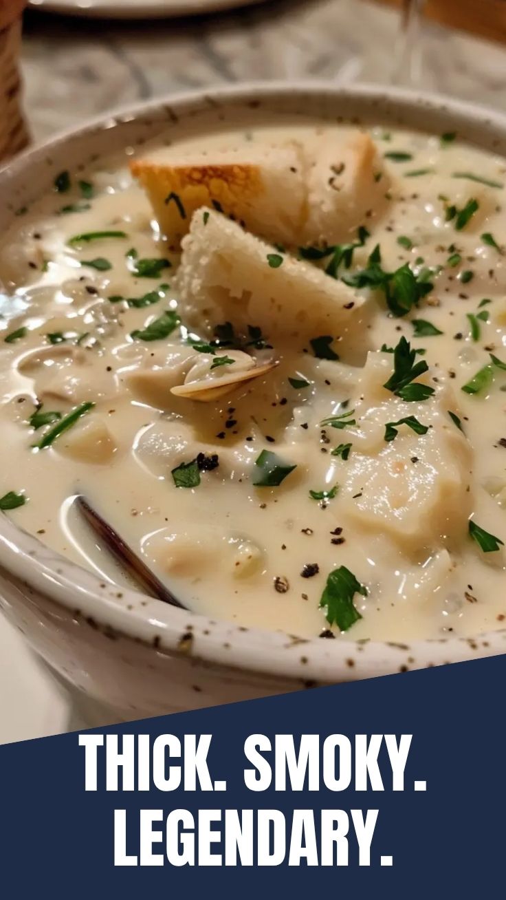 A steaming bowl of New England Clam Chowder with crackers.