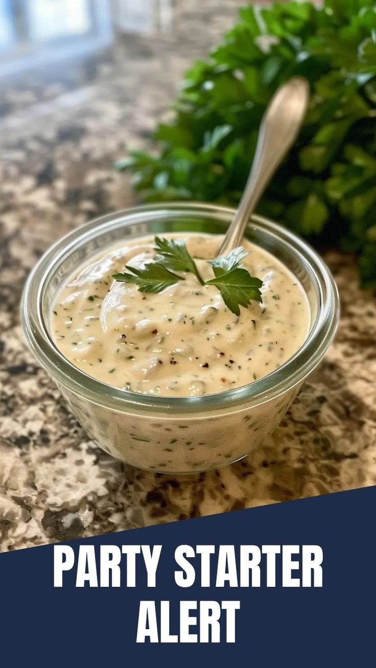 A bowl of creamy clam dip garnished with fresh herbs.