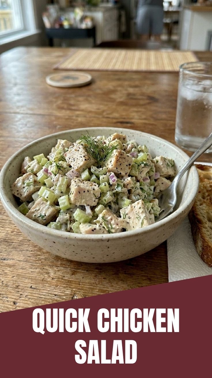 A bowl of classic chicken salad, freshly prepared and inviting.