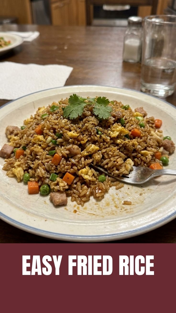 A steaming bowl of classic fried rice with vegetables and egg
