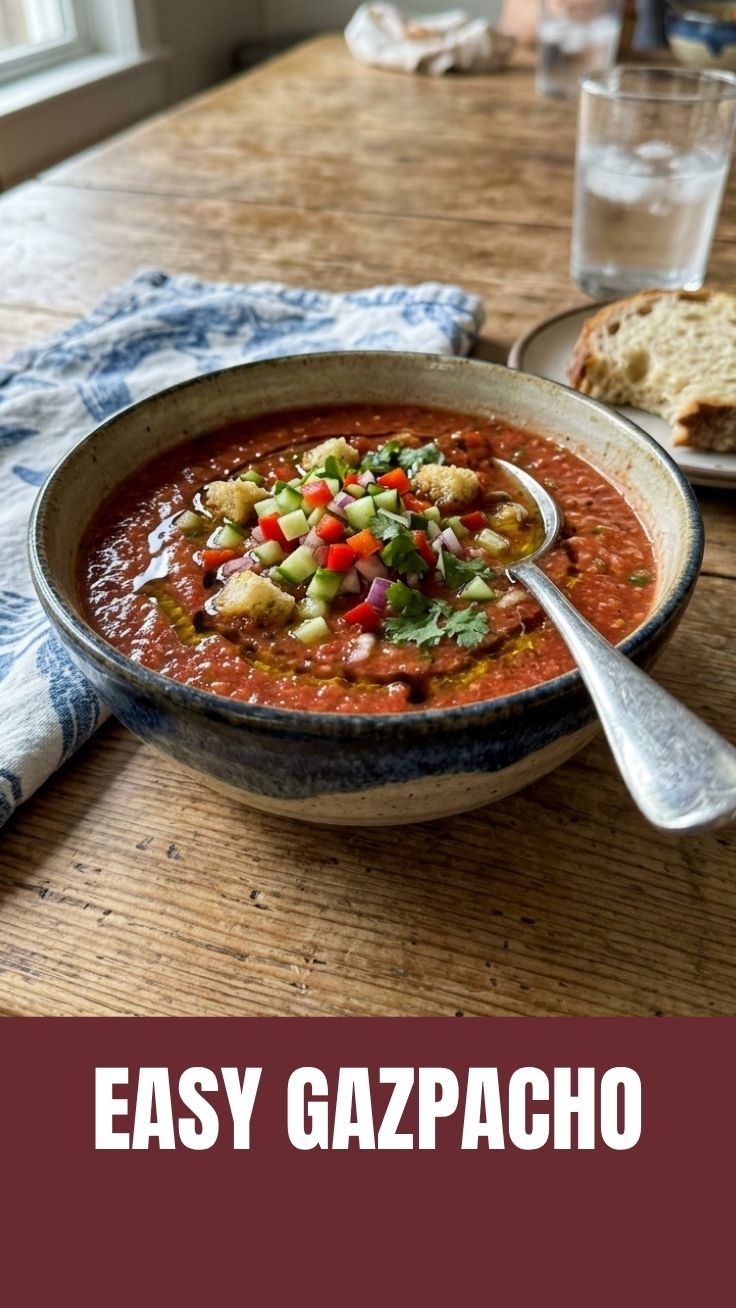 A vibrant bowl of classic gazpacho, perfectly chilled.