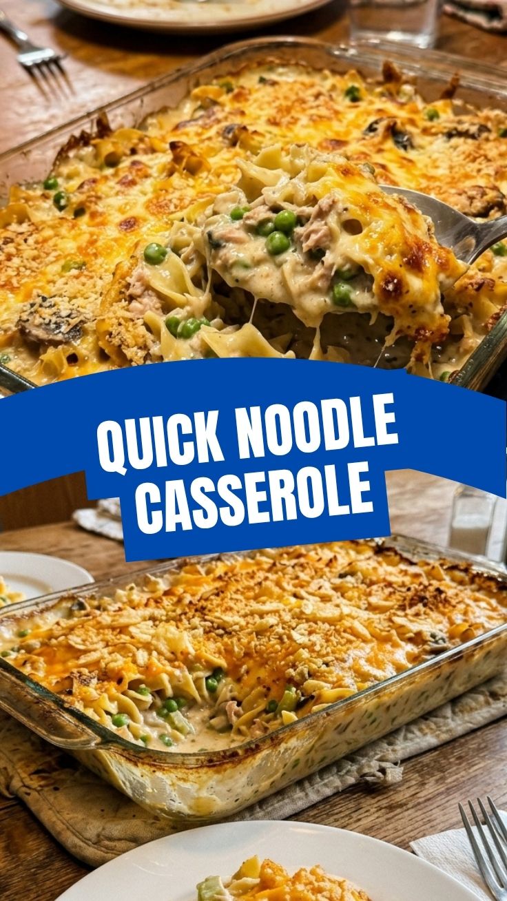 A bubbling dish of classic tuna noodle casserole with a golden-brown topping.