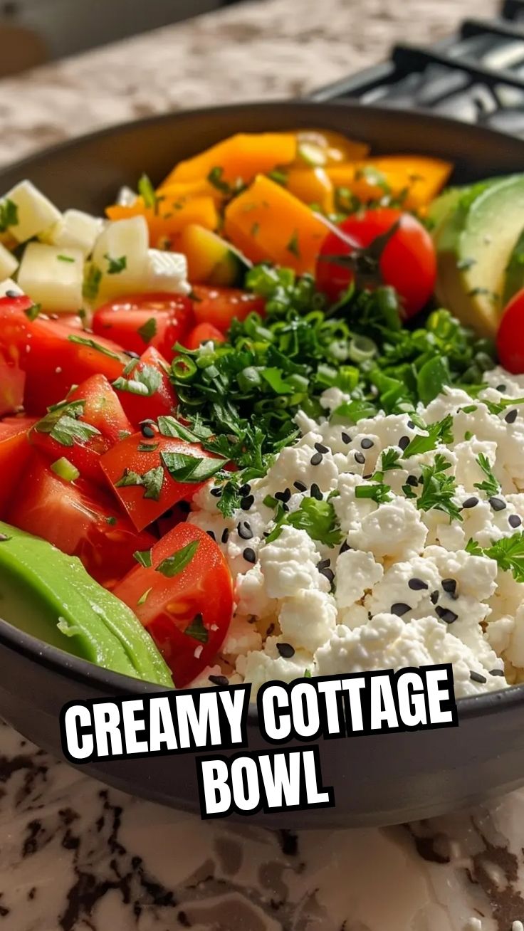 A high protein cottage cheese bowl topped with various fresh fruits and nuts.