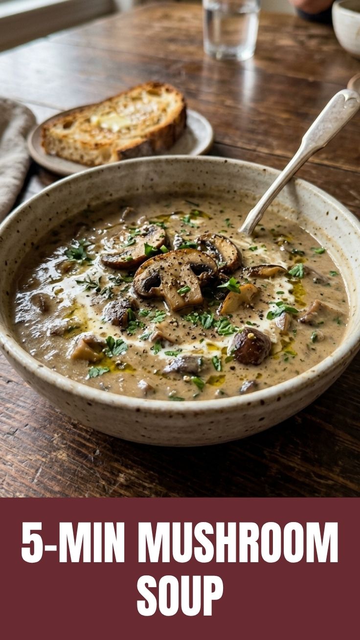 A bowl of rich creamy mushroom soup garnished with fresh herbs