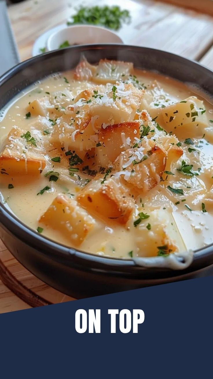 A bowl of rich creamy potato soup with herbs