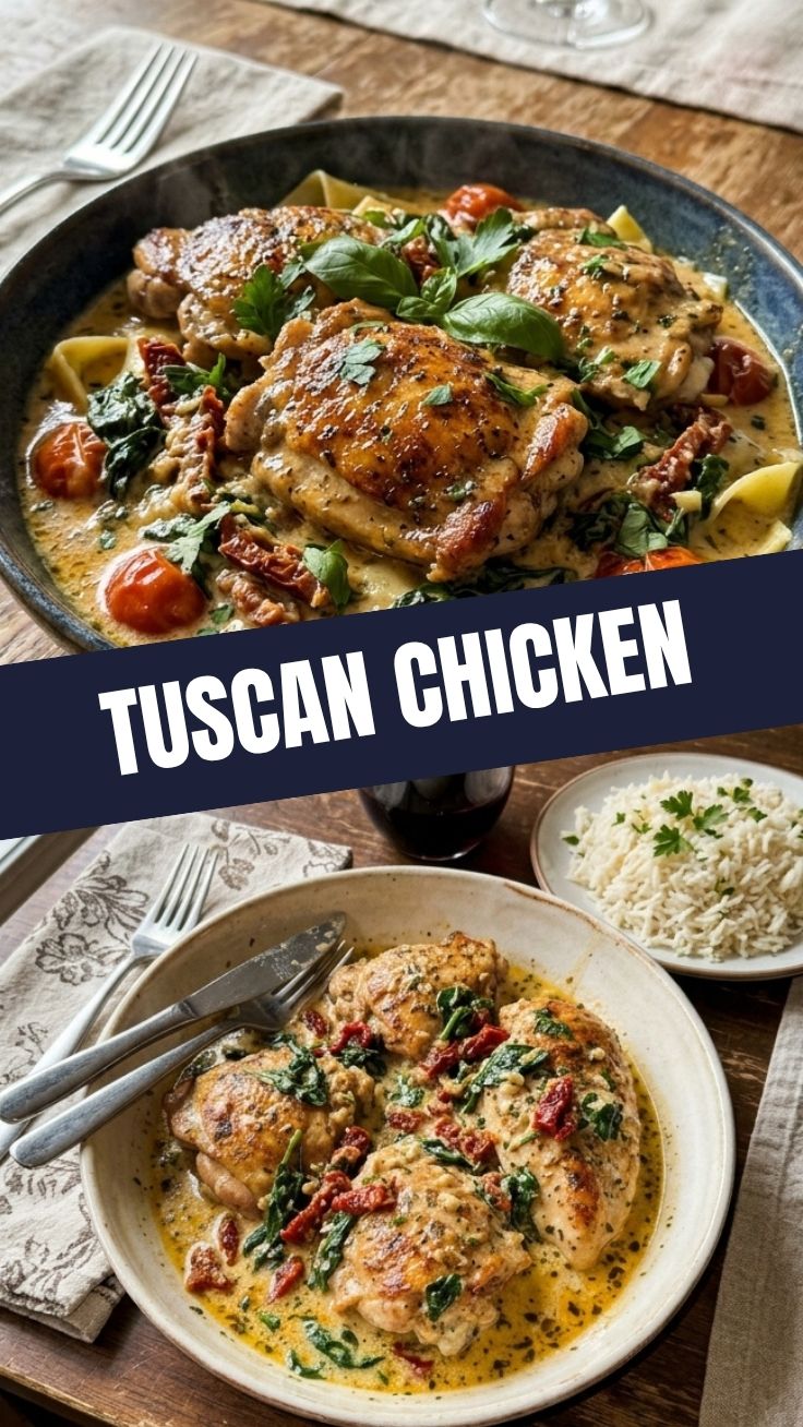 A full serving of creamy Tuscan chicken with sun-dried tomatoes and spinach.
