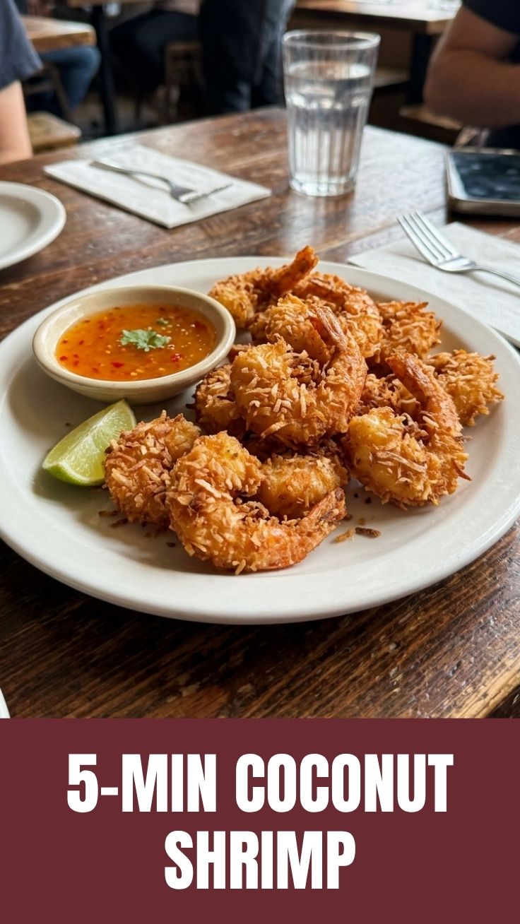 Plate of golden-fried coconut shrimp with dipping sauce
