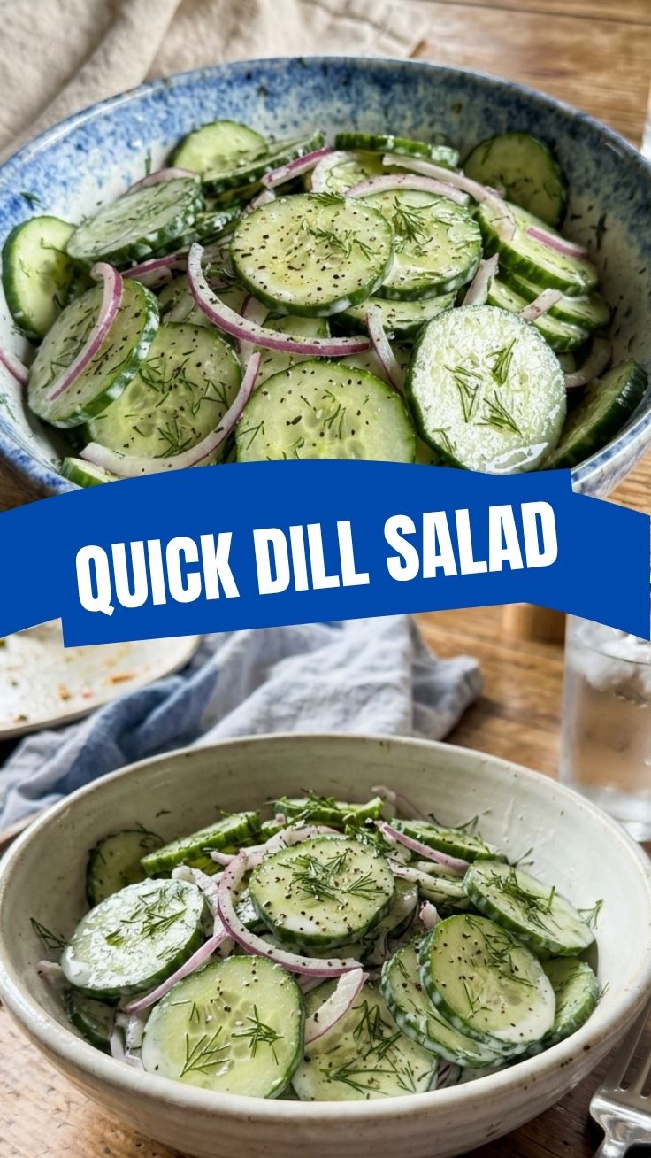 A refreshing cucumber dill salad in a white bowl with fresh ingredients.