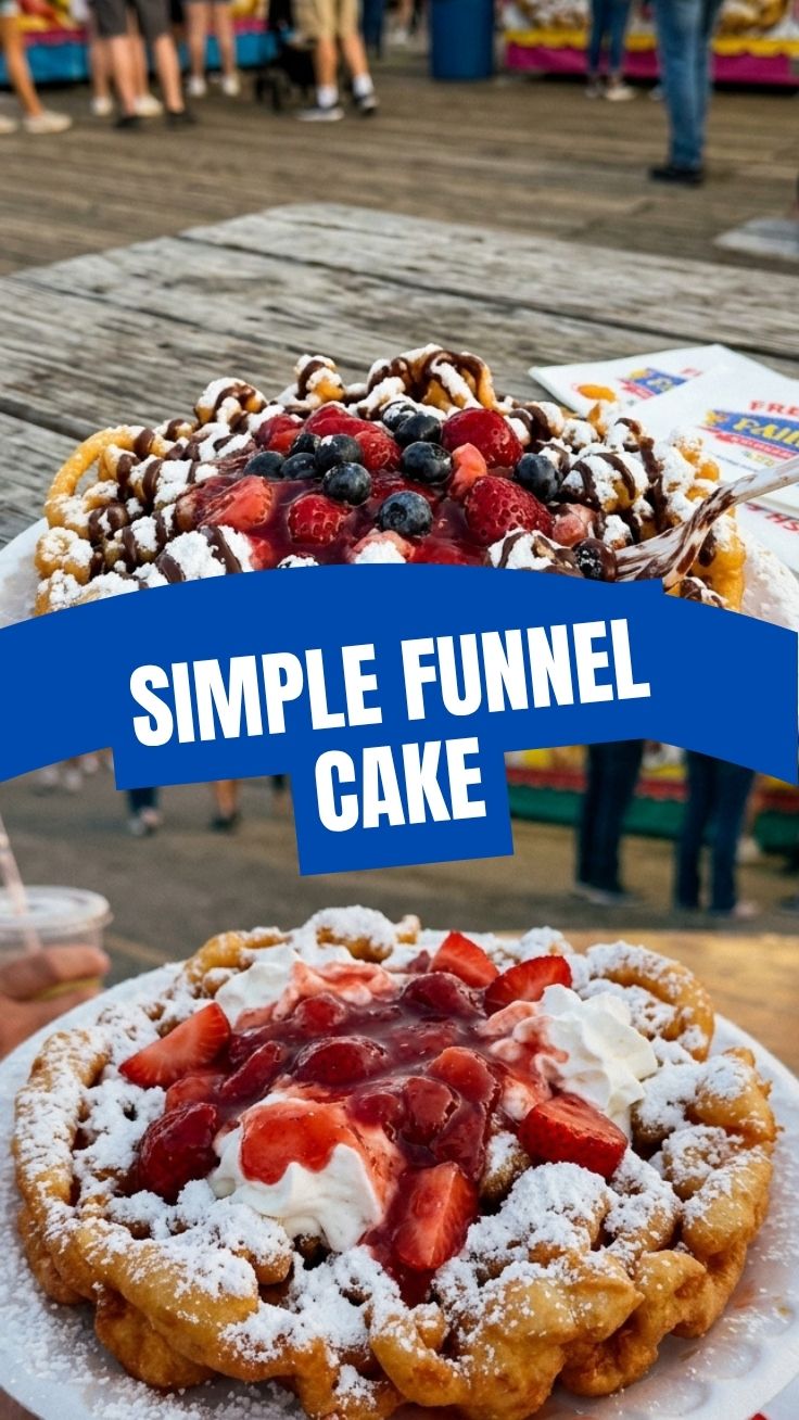A golden-brown funnel cake dusted with powdered sugar, ready to eat.