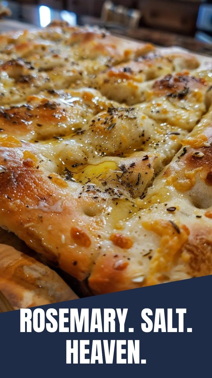A golden-crusted focaccia bread with herbs and dimples.