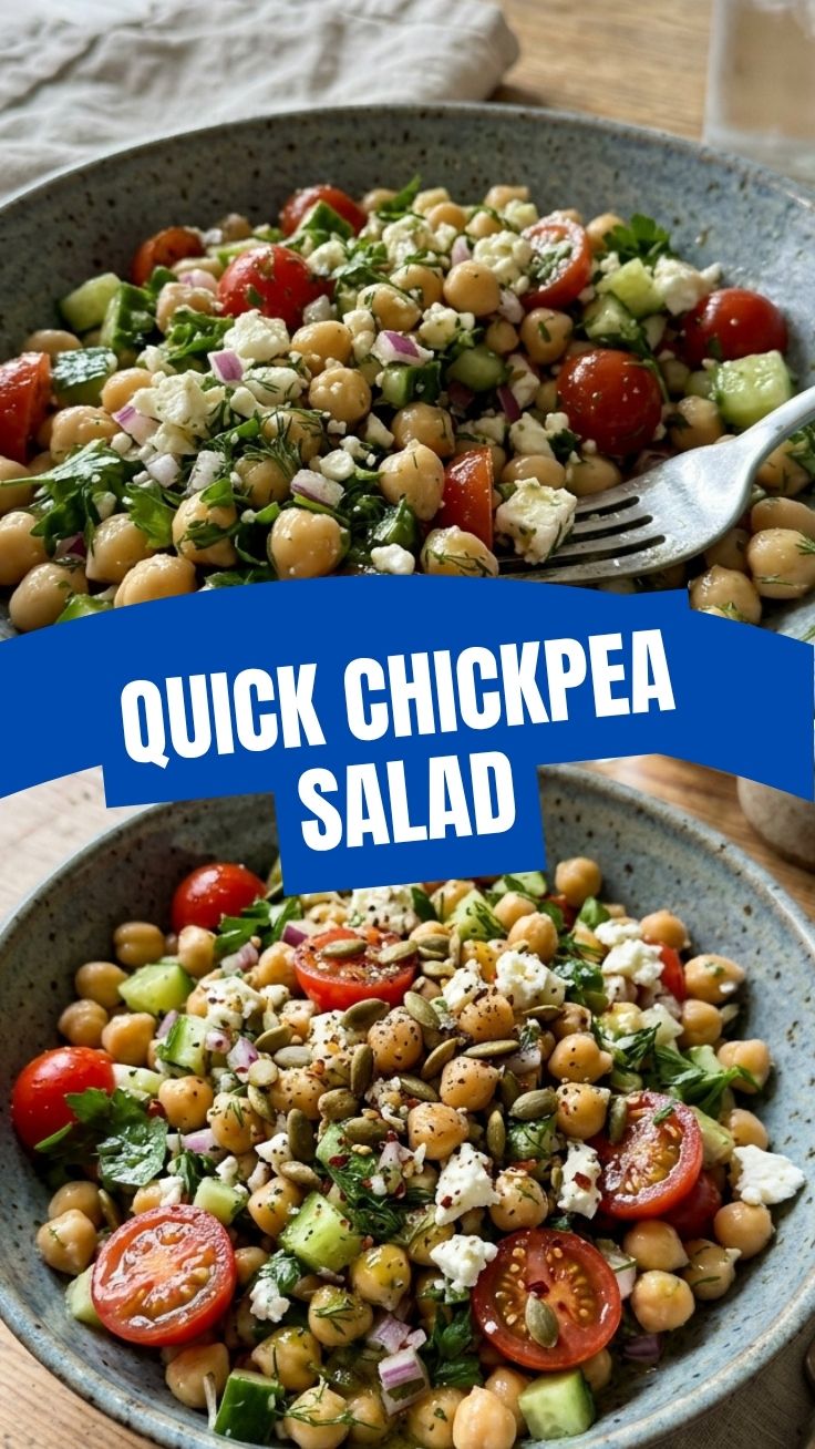A fresh bowl of chickpea salad with vibrant vegetables.