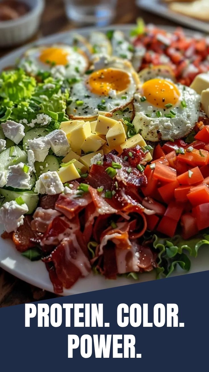 A vibrant Cobb salad with rows of fresh ingredients